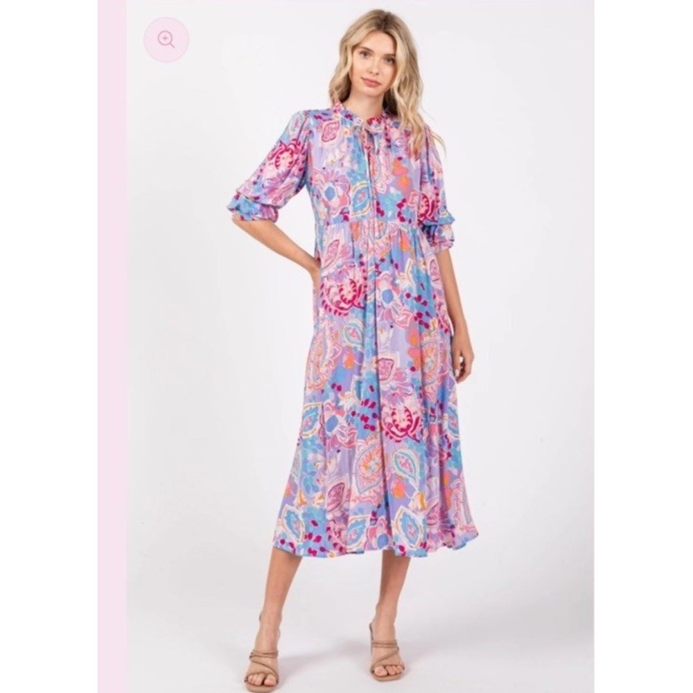 Umgee Women M Tiered Midi‎ Dress Paisley Lavender Boho Chic Cottagecore Vibrant